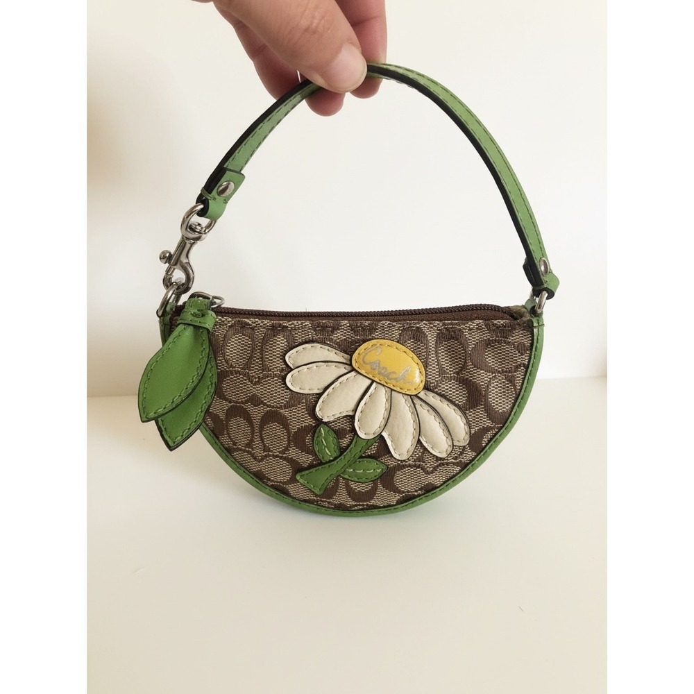 Coach Signature Jacquard Daisy Flower Mini Coin Purse Wristlet Bag Charm Green